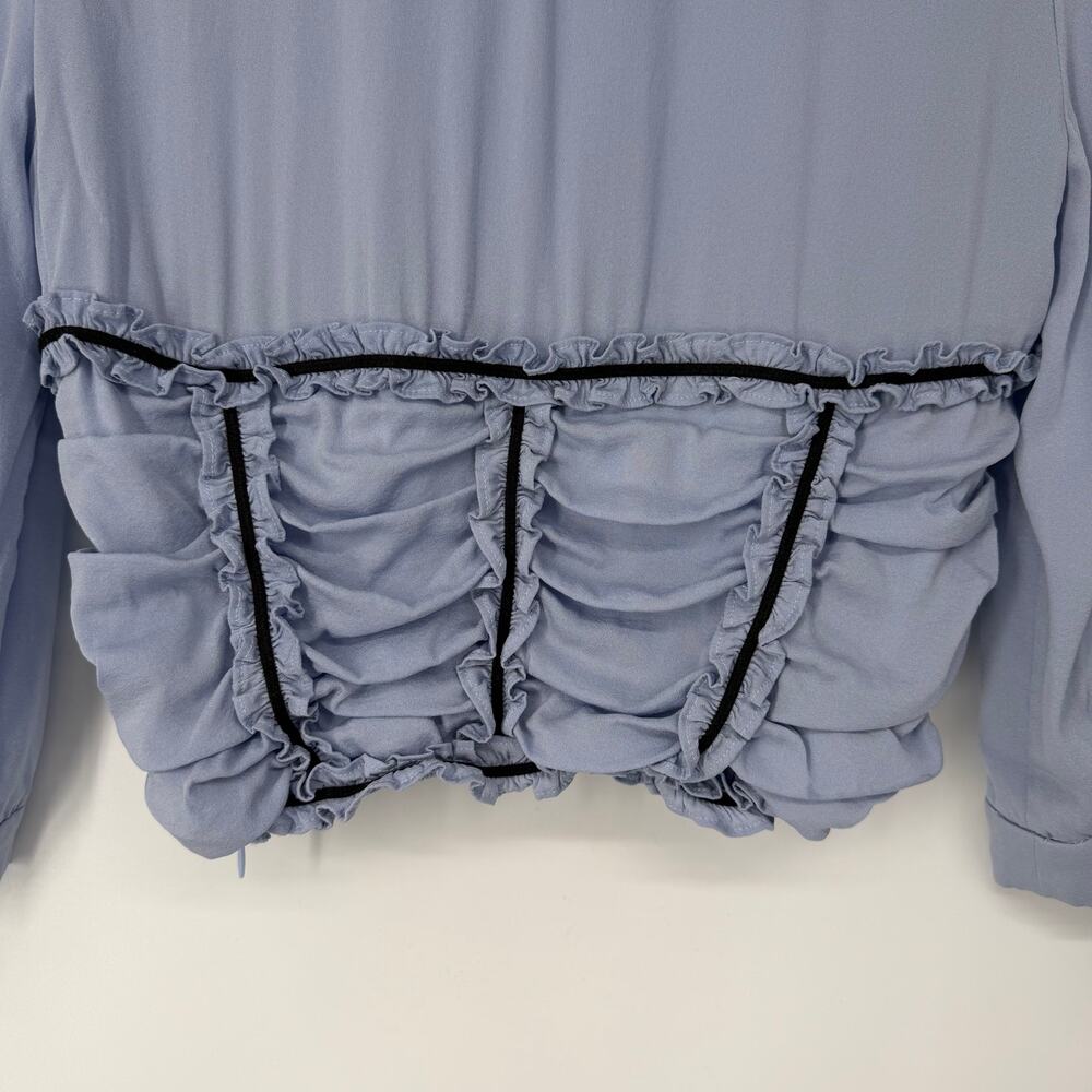 fleur du mal Love Bound Ruched Stretch Silk Top Ruffle Puff Sleeve Corset Blouse - Picture 8 of 12